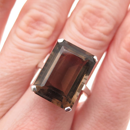 925 Sterling Silver Vintage Real Emerald-Cut Smoky Quartz Ring Size 6