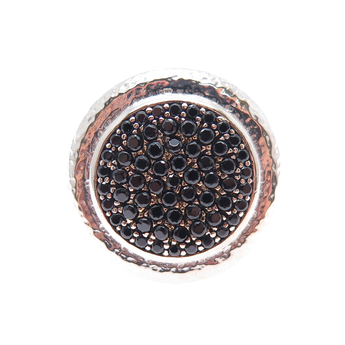 925 Sterling Silver Real Round-Cut Black Spinel Hammered Ring Size 6.25