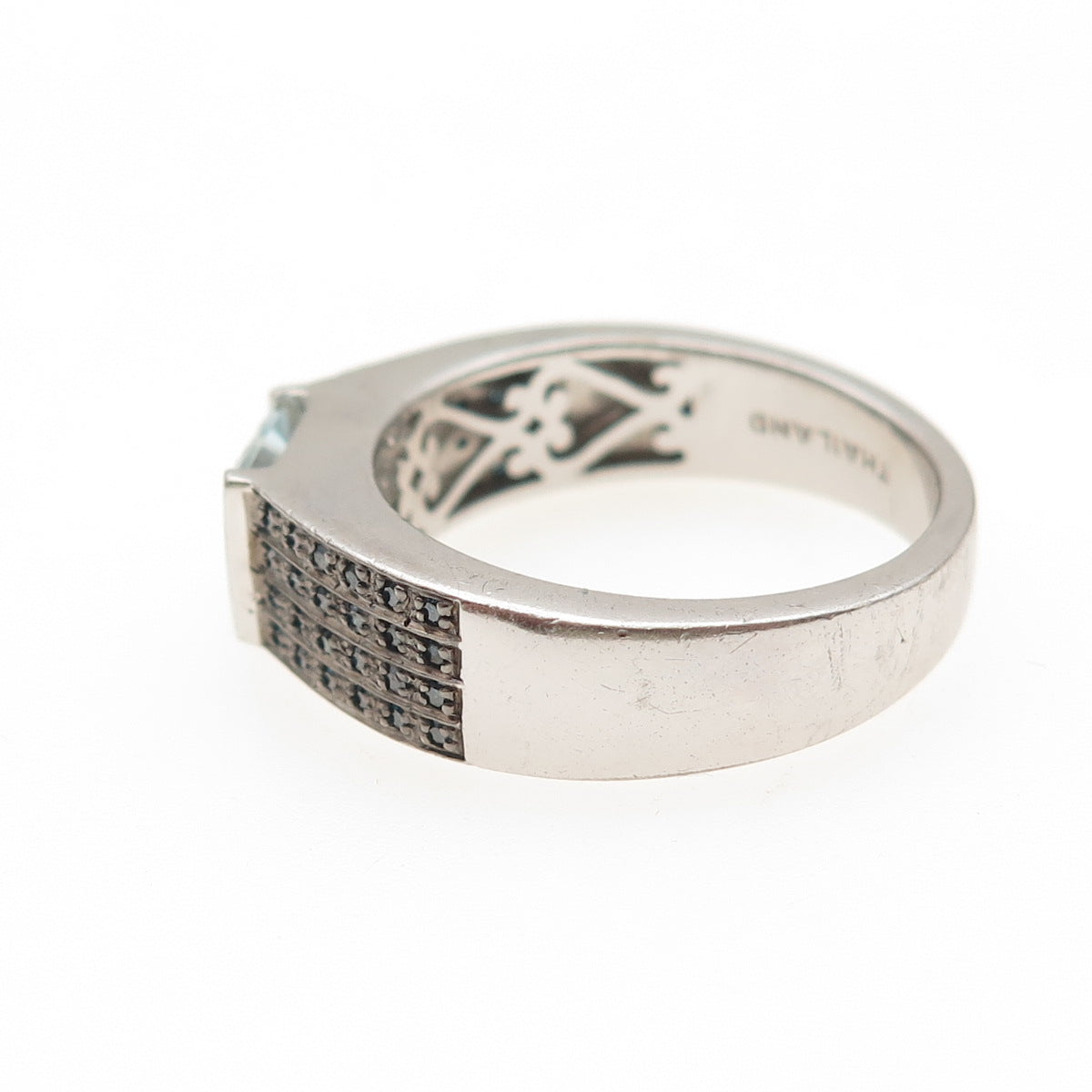 925 Sterling Silver Real Blue Diamond & Princess-Cut Aquamarine Ring Size 11