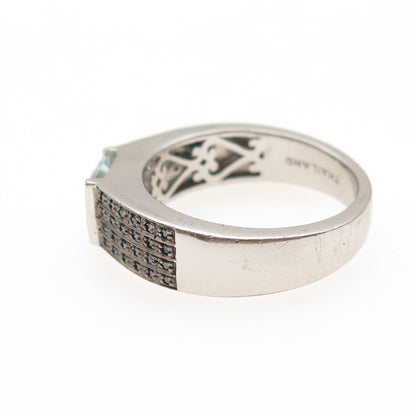 925 Sterling Silver Real Blue Diamond & Princess-Cut Aquamarine Ring Size 11