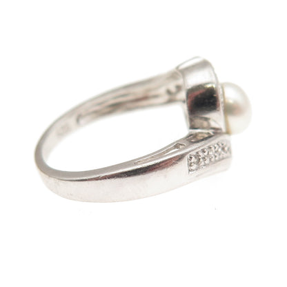 925 Sterling Silver Vintage Real Pearl & C Z Bypass Ring Size 5