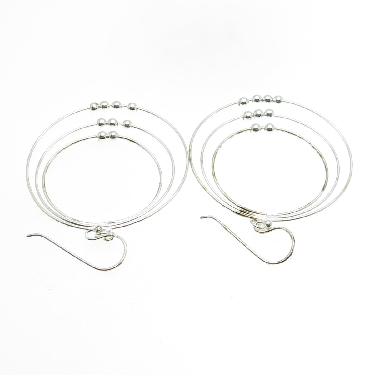 925 Sterling Silver Beaded Triple Circle Dangle Hook Earrings