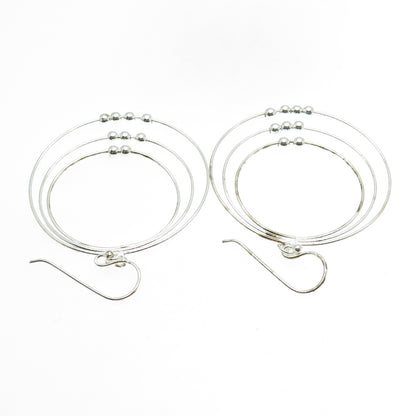 925 Sterling Silver Beaded Triple Circle Dangle Hook Earrings