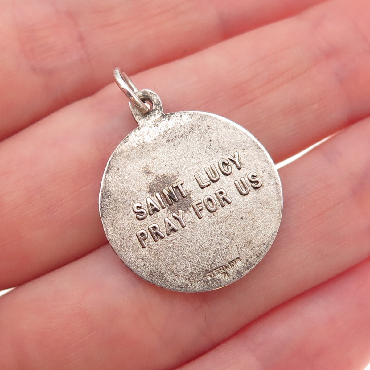 925 Sterling Silver Antique Art Deco St. Lucy Religious Medal Oxidized Pendant