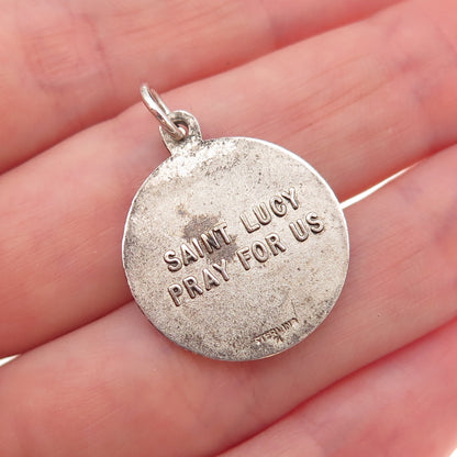 925 Sterling Silver Antique Art Deco St. Lucy Religious Medal Oxidized Pendant
