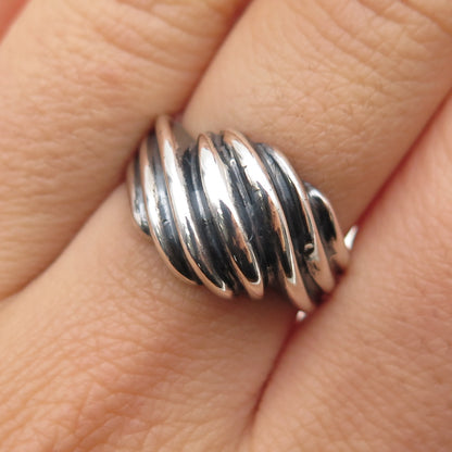 925 Sterling Silver Vintage Modernist Ribbed Oxidized Ring Size 6.75