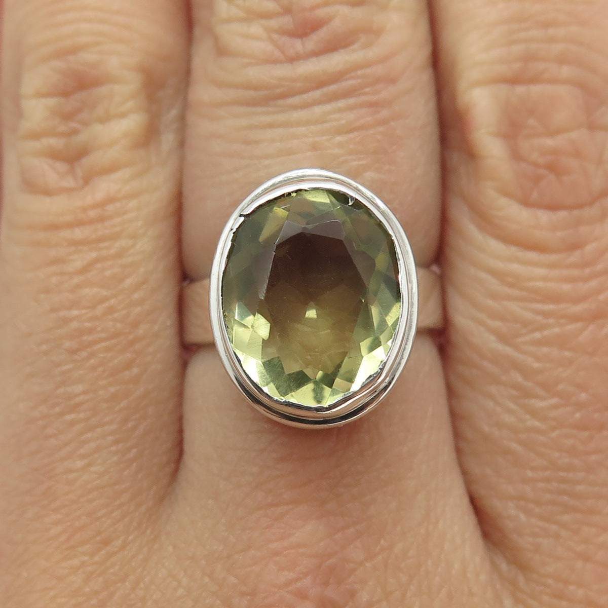 925 Sterling Silver Real Checkered Lemon Citrine Gemstone Dome Ring Size 6.75