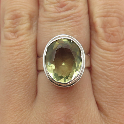 925 Sterling Silver Real Checkered Lemon Citrine Gemstone Dome Ring Size 6.75