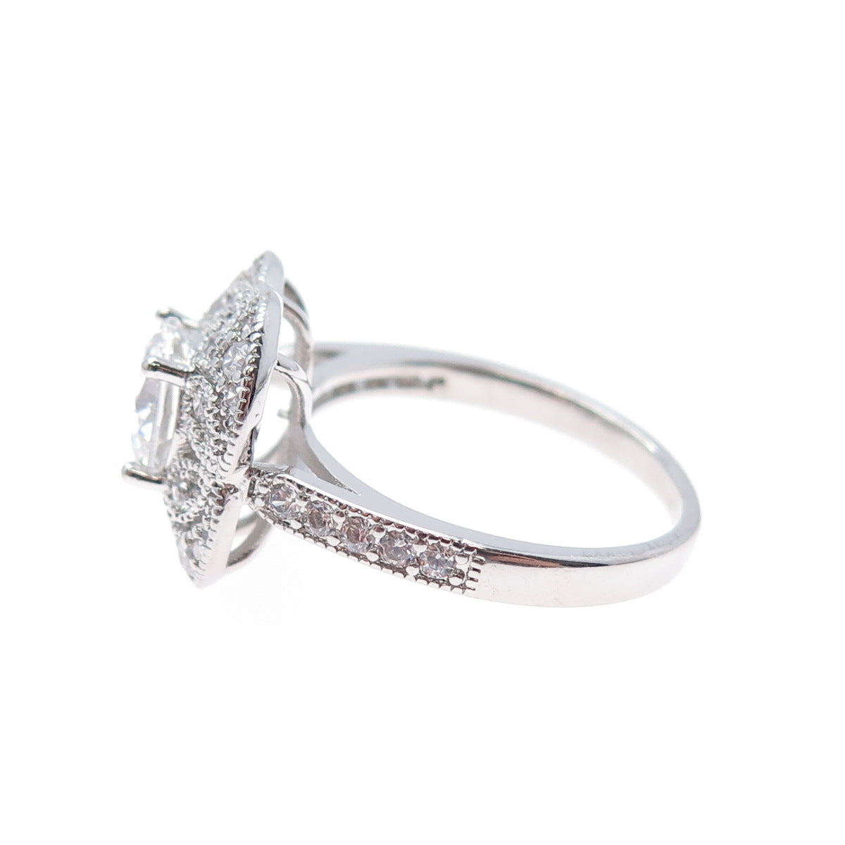 925 Sterling Silver Round-Cut C Z Flower Ring Size 9.5