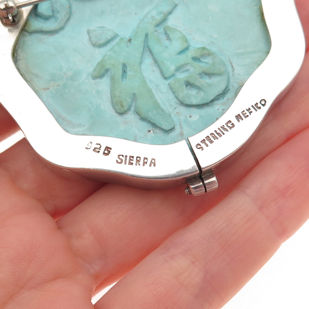 SIERRA 925 Sterling Vintage Mexico Turquoise Chinese Longevity Slide Pin Pendant