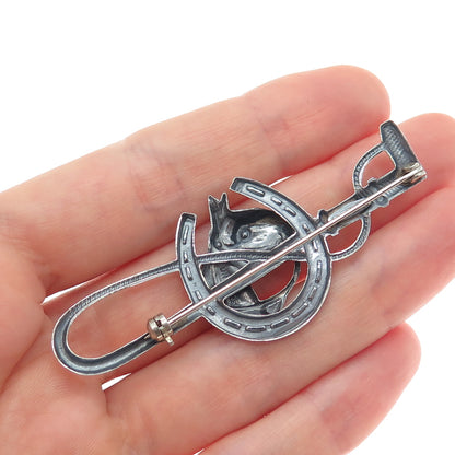 925 Sterling Silver Antique Art Deco Clover Horse Club Stirrup Pin Brooch