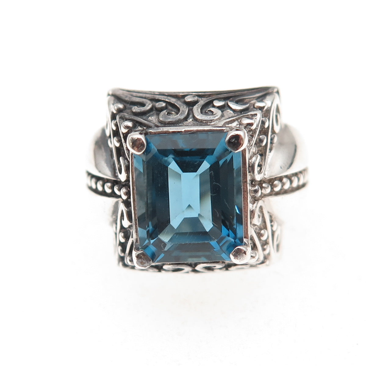 925 Sterling Silver Vintage Real London Blue Topaz Oxidized Ring Size 6.25