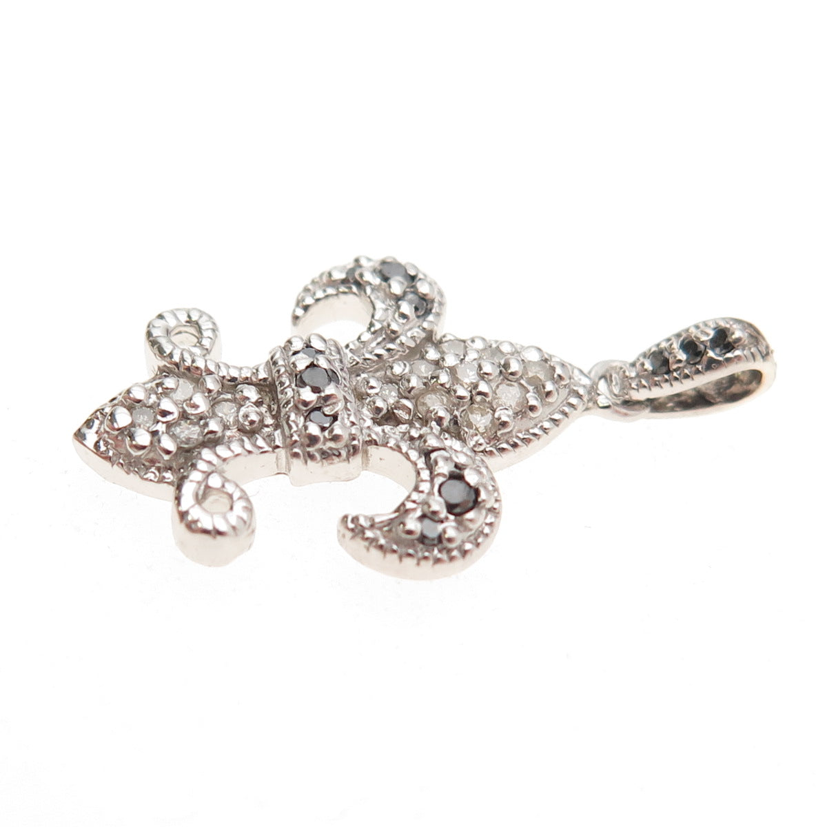 925 Sterling Silver Real Round-Cut Black & White Diamond Fleur de Lis Pendant