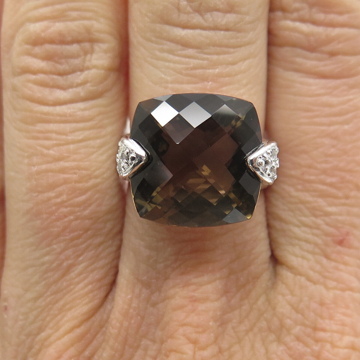 925 Sterling Silver Checkered Smoky & White C Z Ring Size 7.25