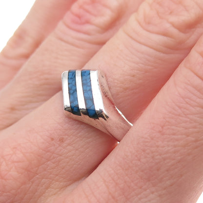 925 Sterling Silver Vintage Real Turquoise Inlay Oxidized Ring Size 7.75