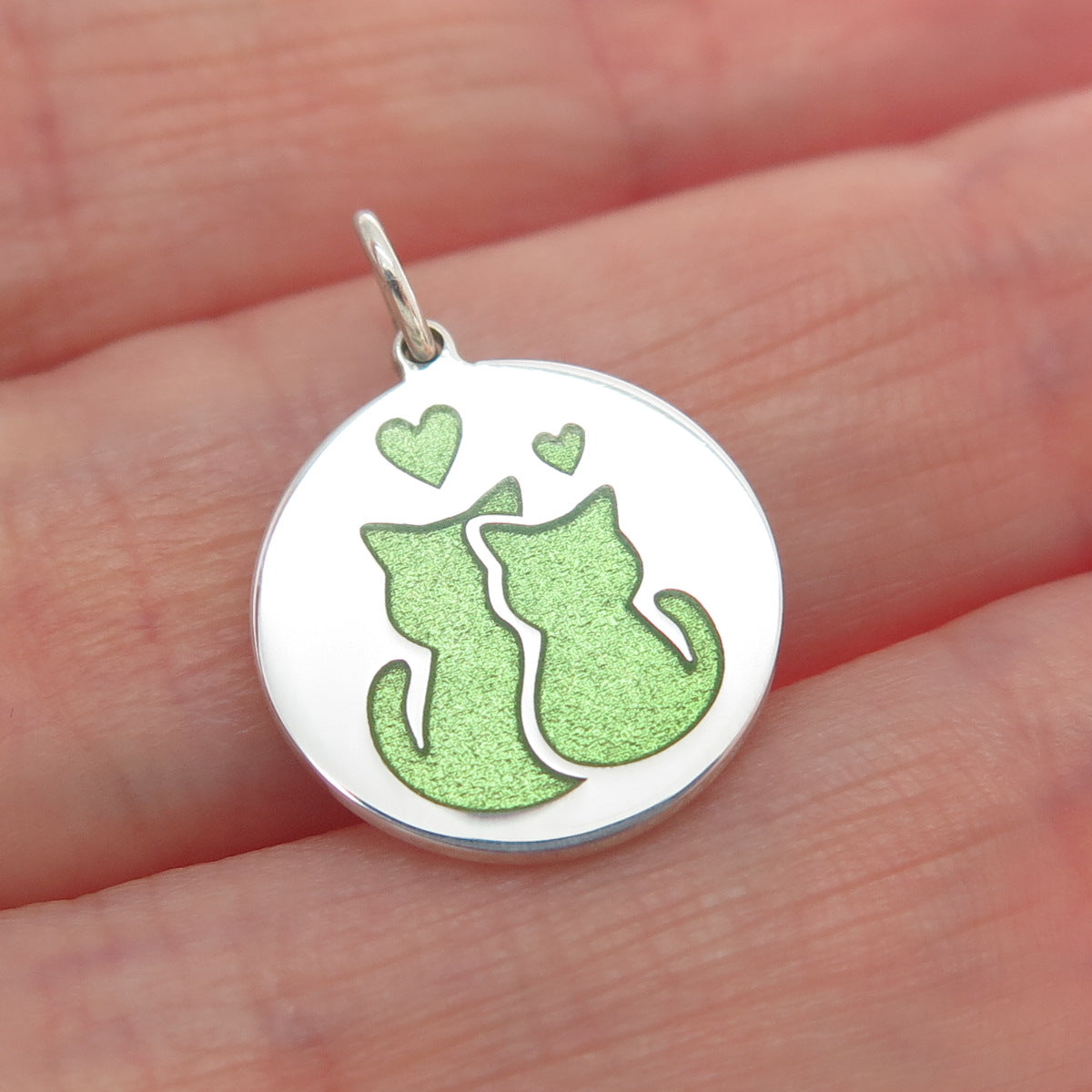 925 Sterling Silver Green Enamel Mom & Child Cat Heart Minimalist Charm Pendant
