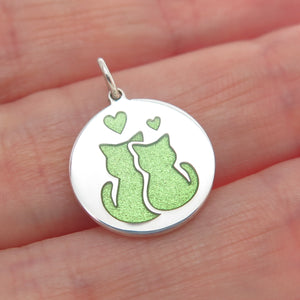 925 Sterling Silver Green Enamel Mom & Child Cat Heart Minimalist Charm Pendant