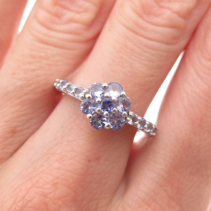Chuck Clemency 925 Sterling Silver Real Round-Cut Tanzanite Floral Ring Size 8