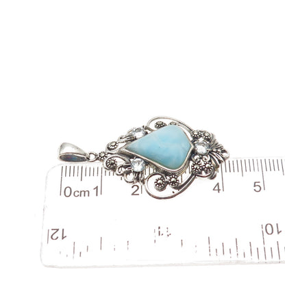 925 Sterling Silver Real Larimar Light Blue Topaz & Marcasite Floral Pendant