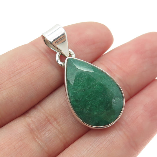 925 Sterling Silver Vintage Real Emerald Gemstone Teardrop Pendant