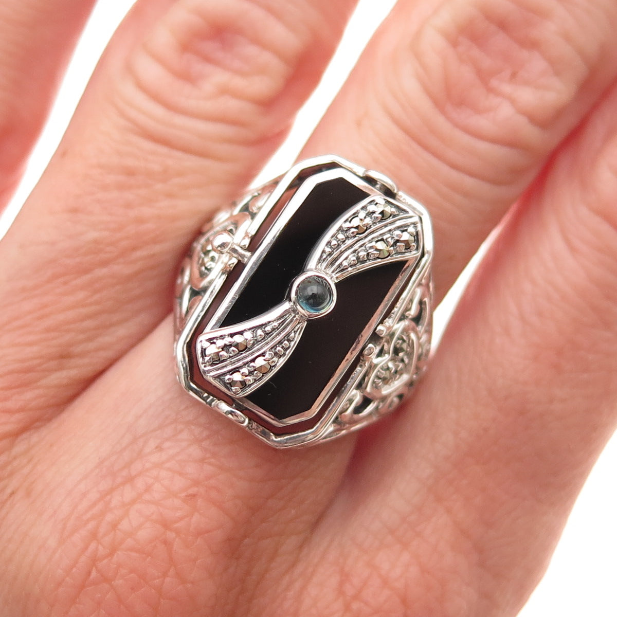 925 Sterling Silver Vintage Sapphire Onyx MOP Lady Cameo Reversible Ring Size 9