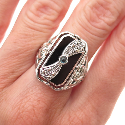 925 Sterling Silver Vintage Sapphire Onyx MOP Lady Cameo Reversible Ring Size 9