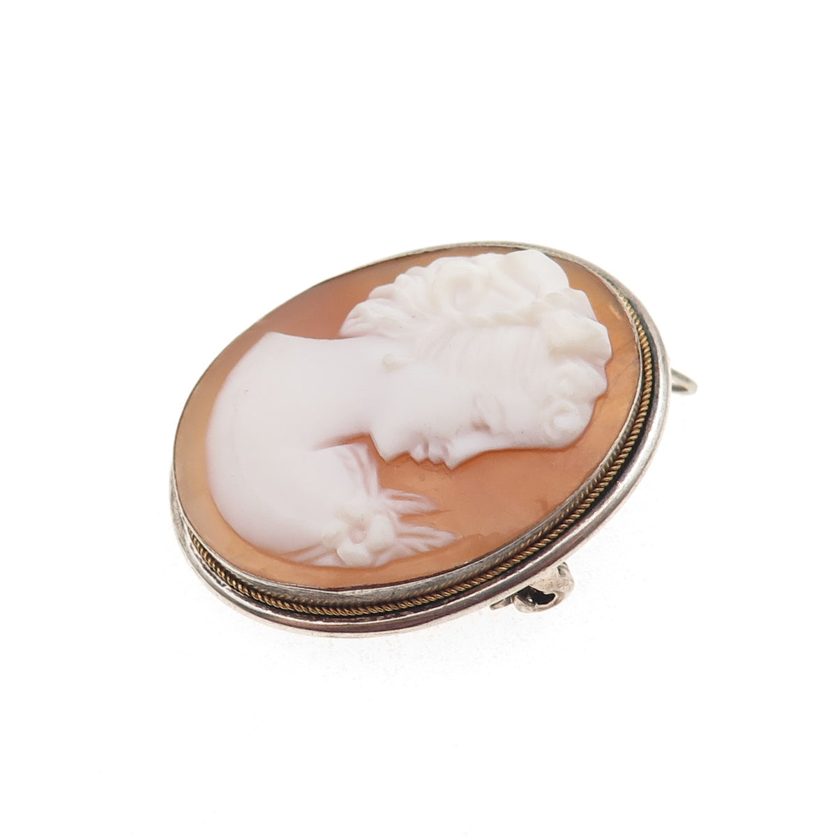 800 Silver 2-Tone Antique Art Deco Real MOP Lady Cameo Pin Brooch / Pendant
