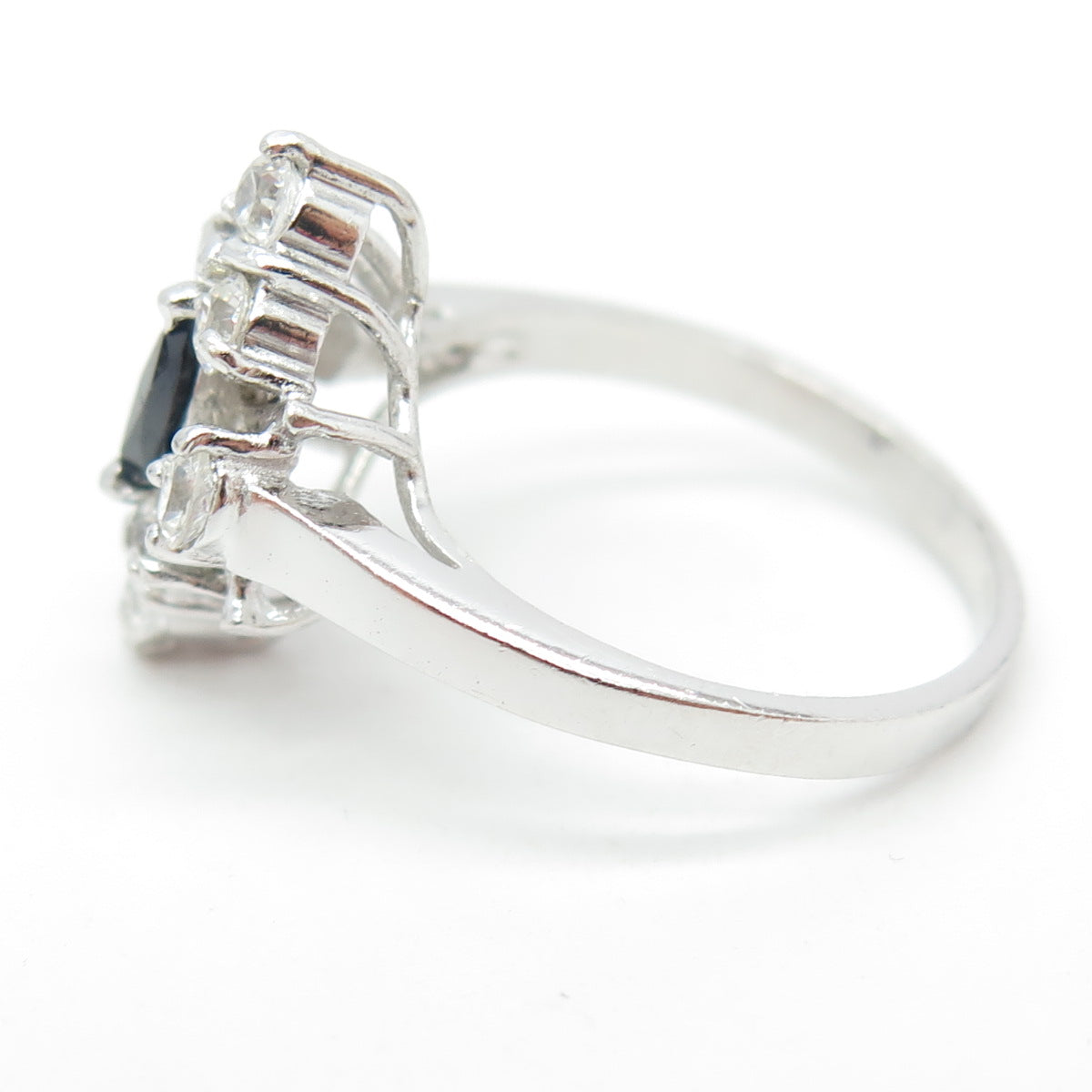 925 Sterling Silver Real Marquise-Cut Sapphire & Round C Z Ring Size 7.25