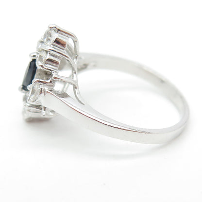 925 Sterling Silver Real Marquise-Cut Sapphire & Round C Z Ring Size 7.25