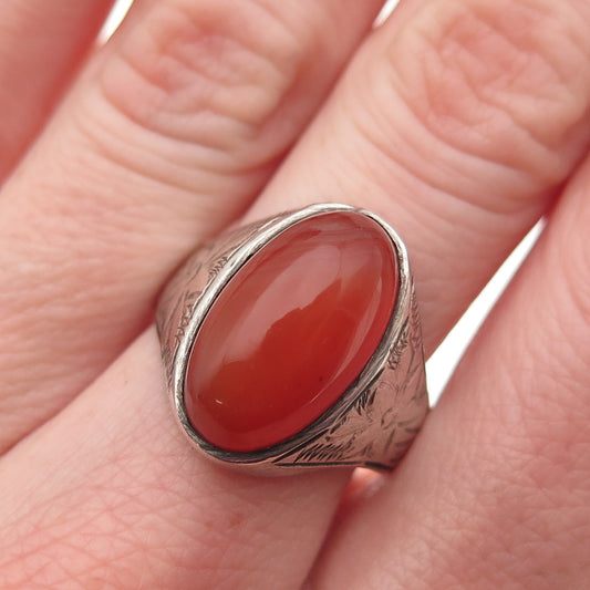 800 Silver Vintage Egypt Real Agate Floral Oxidized Ring Size 8.5