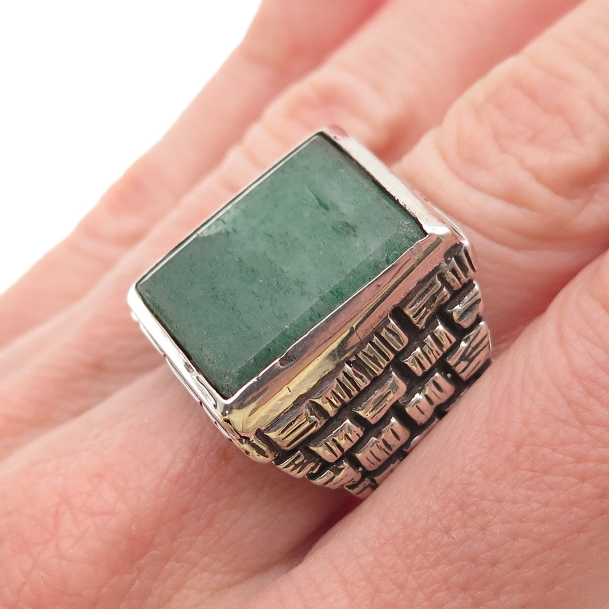 925 Sterling Silver Vintage Mexico Real Aventurine Oxidized Ring Size 8.25