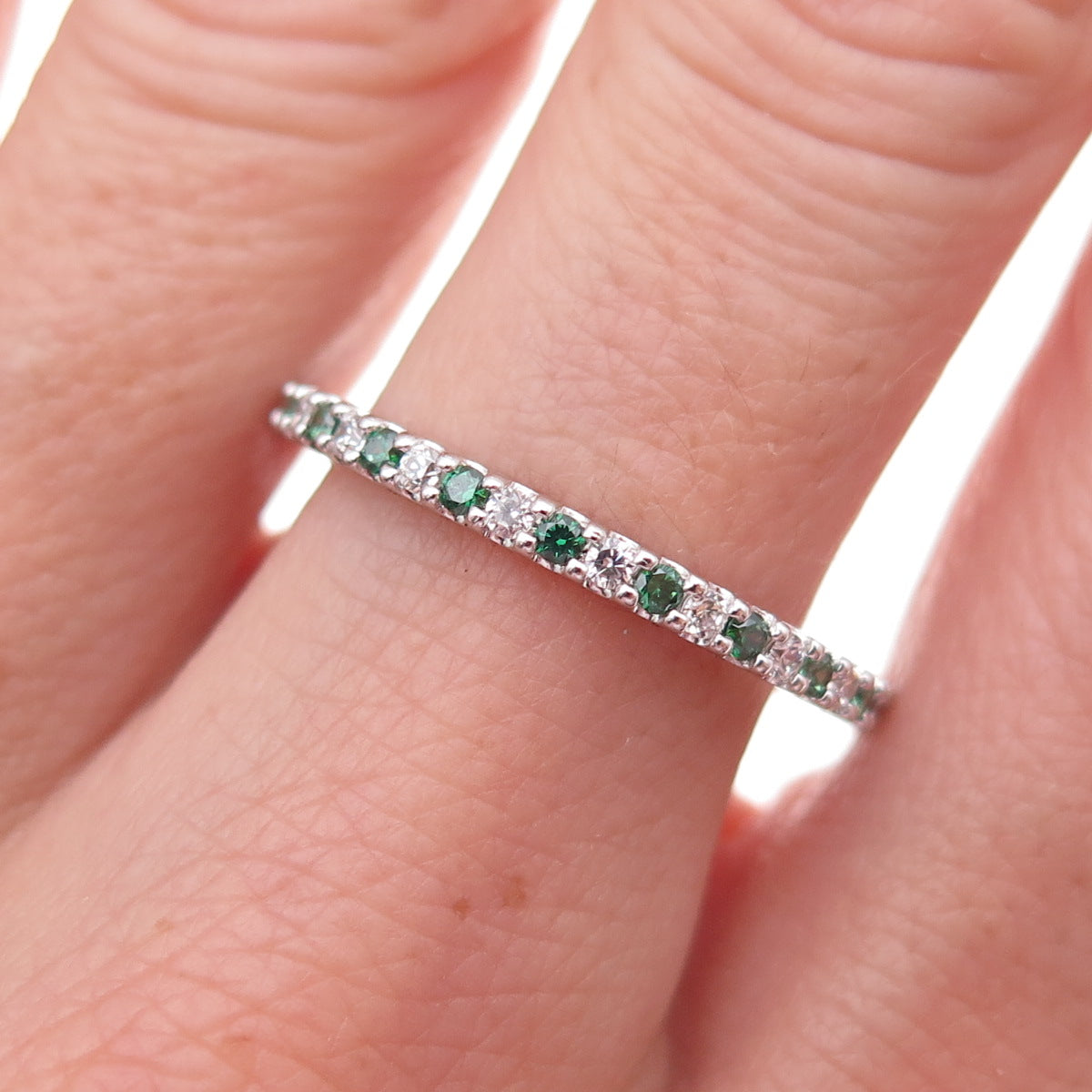 925 Sterling Silver Real Chrome Diopside & C Z Eternity Band Ring Size 9