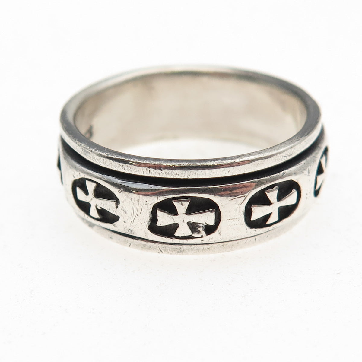 925 Sterling Silver Vintage Cross Oxidized Rotating Band Ring Size 13