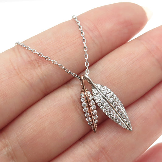 925 Sterling Silver 2-Tone Round-Cut C Z Feather Cable Chain Necklace 16-18"