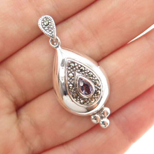 925 Sterling Silver Vintage Real Amethyst & Marcasite Charm Pendant