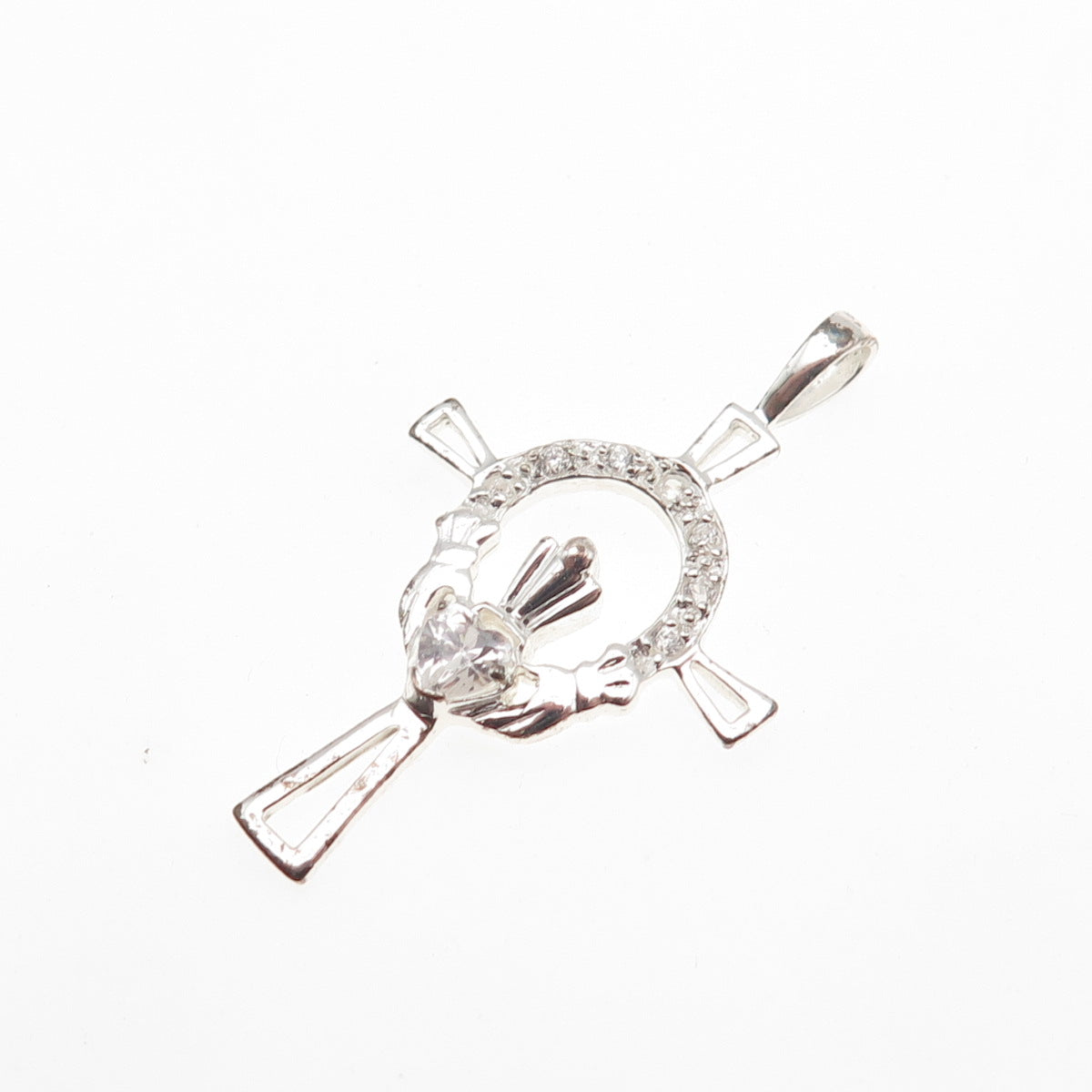 925 Sterling Silver Round & Heart-Cut C Z Irish Claddagh Cross Charm Pendant