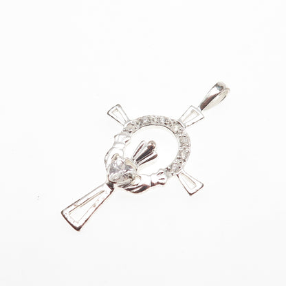 925 Sterling Silver Round & Heart-Cut C Z Irish Claddagh Cross Charm Pendant
