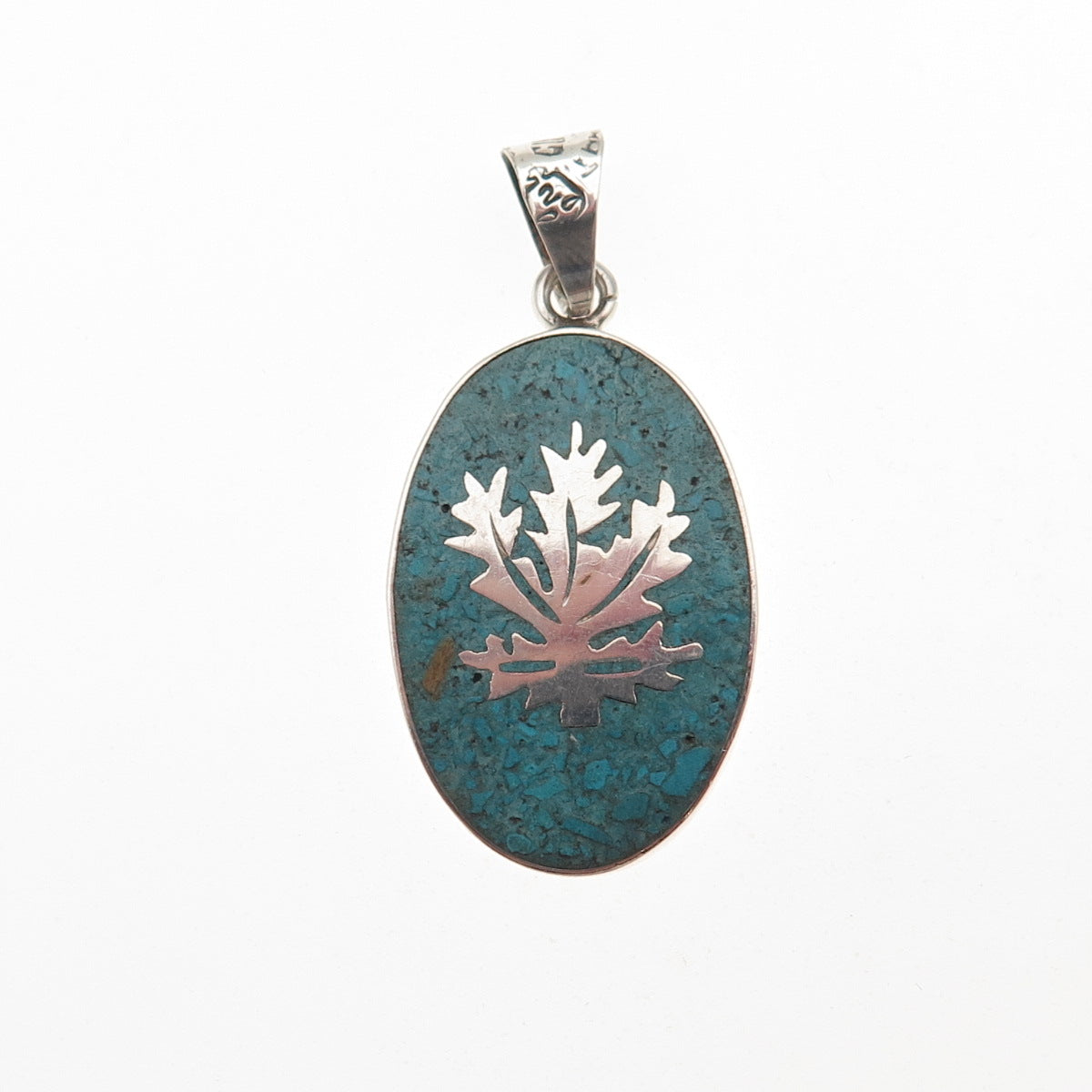 925 Sterling Silver Vintage Mexico Real Turquoise Inlay Cannabis Charm Pendant