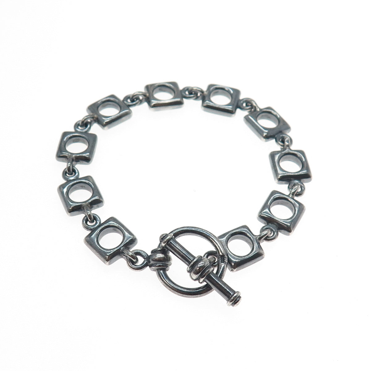 925 Sterling Silver Vintage Modernist Square Link Oxidized Bracelet 6.75"