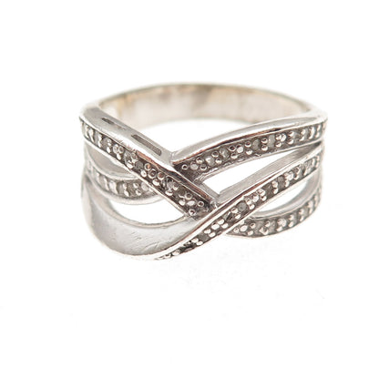 Dee Berkle 925 Sterling Silver Real Round-Cut Diamond Crisscross Ring Size 8.25