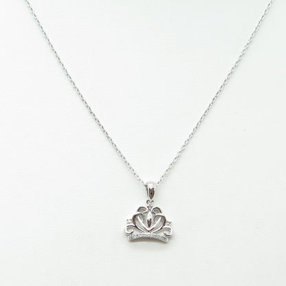 SUN 925 Sterling Silver Real Round-Cut Diamond Heart Crown Chain Necklace 16-18"