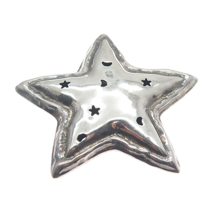 925 Sterling Silver Vintage Mexico Star & Crescent Shadow Box Oxidized Brooch