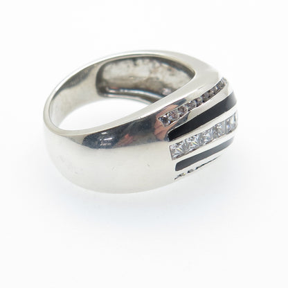 925 Sterling Silver Black Enamel & White C Z Wavy Ring Size 8