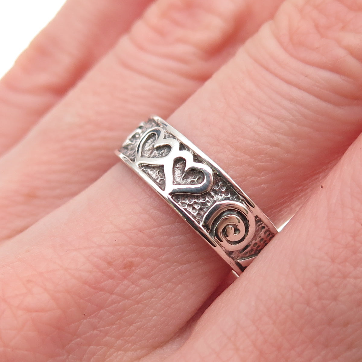 Ken Crafts 925 Sterling Silver Vintage Heart Spiral Oxidized Band Ring Size 8