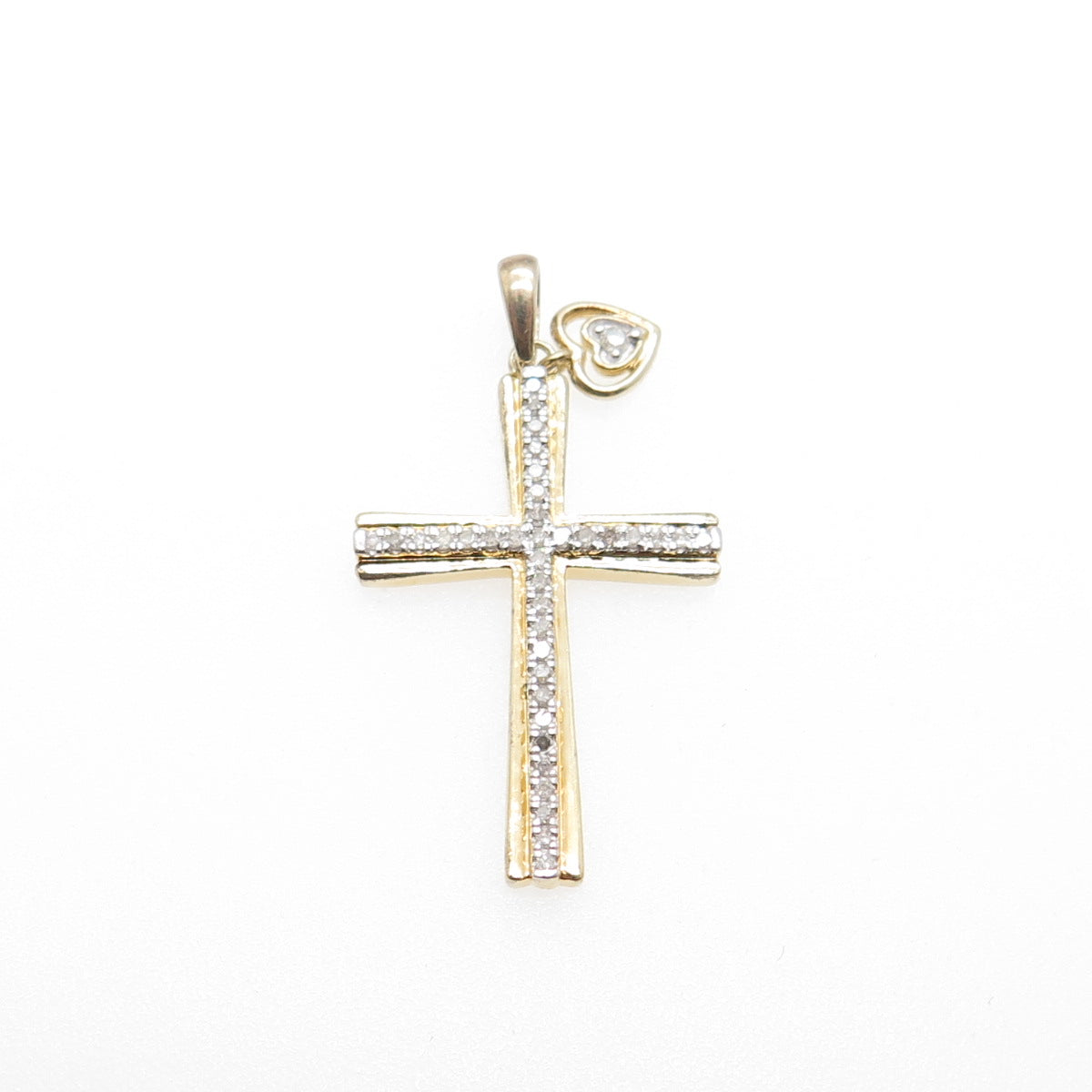 925 Sterling Silver Gold Plated Real Diamond Cross & Heart Charm Pendant