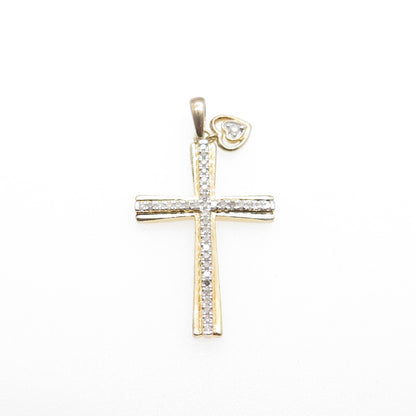 925 Sterling Silver Gold Plated Real Diamond Cross & Heart Charm Pendant