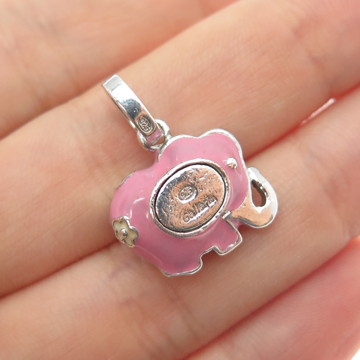 GALLERIA 925 Sterling Silver Enamel Round-Cut C Z Elephant Mini Charm Pendant