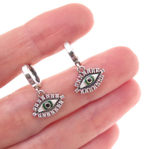 925 Sterling Silver Enamel & C Z Evil Eye Dangle Charm Hoop Earrings
