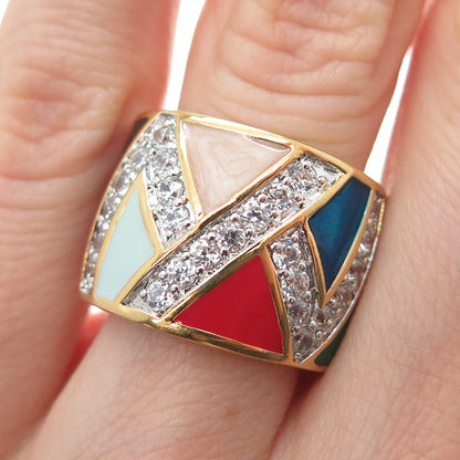 CHATEAU D'ARGENT 925 Sterling Silver Gold Plated Enamel & C Z Ring Size 6.25