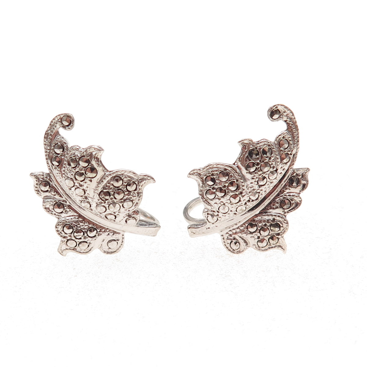 925 Sterling Silver Antique Art Deco Real Marcasite Floral Screw Back Earrings